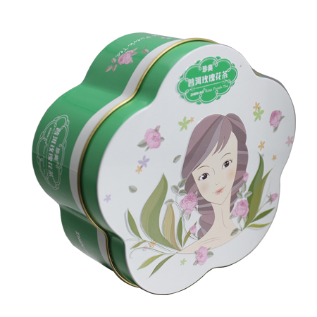 caja de estaño forma de flor rosas de té